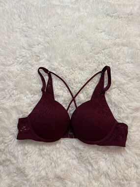 PINK Victoria's Secret Burgundy Lace Push-Up Bra with Crisscross Straps Size 34A